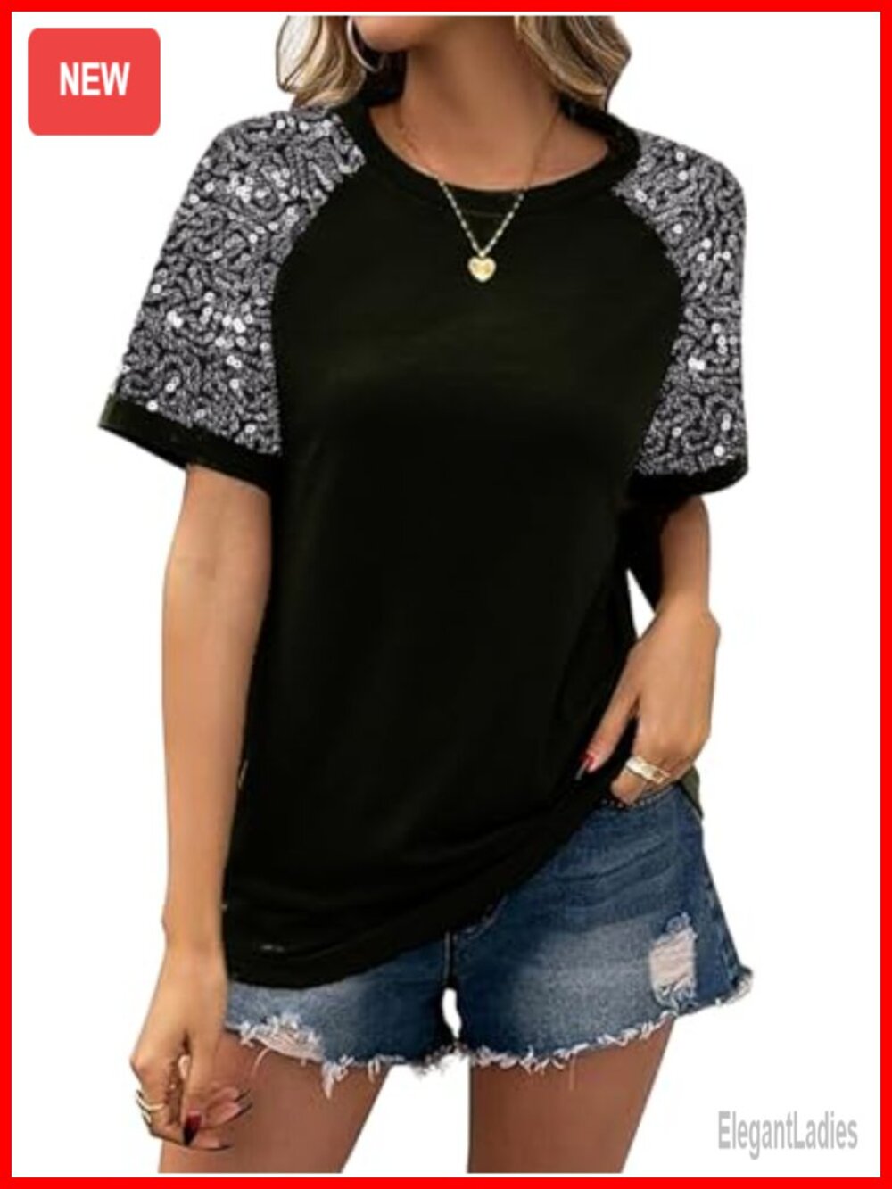 Sequin Splicing Short Sleeve T-Shirt Sparkle Party Beach Top